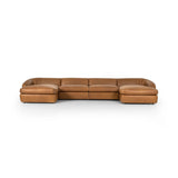 Featuring Saldana Lorento Cognac 4Pc Double Chaise by Four Hands at Amethyst Home. Soft, supple top-grain leather with a warm cognac hue meets vintage vibes with modern comfort. Intricate rouching along the back and corners gives each piece of this four-piece sectional a handcrafted, tailored feel, while feather-wrapped cushioning and spring suspension i. Amethyst Home provides interior design, new home construction design consulting, vintage area rugs, and lighting in the Laguna Beach metro area.