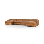 Featuring Saldana Lorento Cognac 4Pc Double Chaise by Four Hands at Amethyst Home. Soft, supple top-grain leather with a warm cognac hue meets vintage vibes with modern comfort. Intricate rouching along the back and corners gives each piece of this four-piece sectional a handcrafted, tailored feel, while feather-wrapped cushioning and spring suspension invite. Amethyst Home provides interior design, new home construction design consulting, vintage area rugs, and lighting in the Seattle metro area.