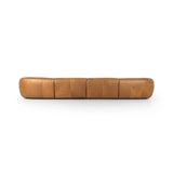 Featuring Saldana Lorento Cognac 4Pc Double Chaise by Four Hands at Amethyst Home. Soft, supple top-grain leather with a warm cognac hue meets vintage vibes with modern comfort. Intricate rouching along the back and corners gives each piece of this four-piece sectional a handcrafted, tailored feel, while feather-wrapped cushioning and spring suspension invite c. Amethyst Home provides interior design, new home construction design consulting, vintage area rugs, and lighting in the Tampa metro area.