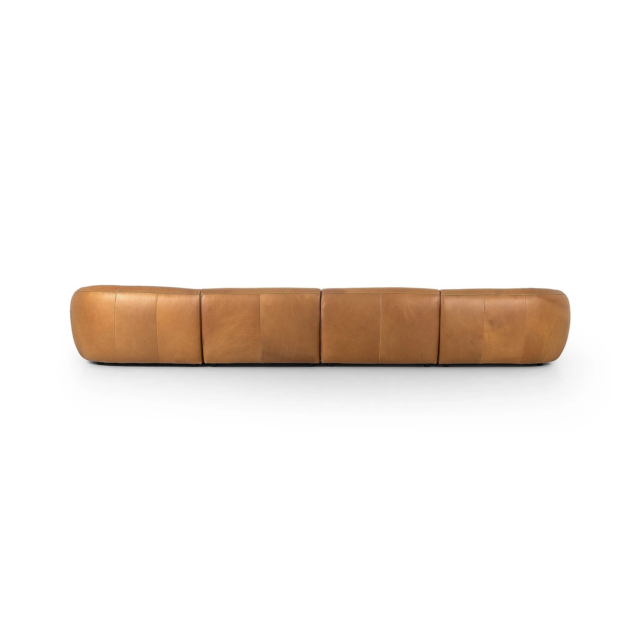 Featuring Saldana Lorento Cognac 4Pc Double Chaise by Four Hands at Amethyst Home. Soft, supple top-grain leather with a warm cognac hue meets vintage vibes with modern comfort. Intricate rouching along the back and corners gives each piece of this four-piece sectional a handcrafted, tailored feel, while feather-wrapped cushioning and spring suspension invite c. Amethyst Home provides interior design, new home construction design consulting, vintage area rugs, and lighting in the Tampa metro area.