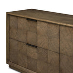 Influenced by contemporary design, this dresser’s simple frame showcases thick brown oak veneer with a tiled oyster cut pattern on the insert panels. Store your favorite clothing in four drawers with minimalist metal pulls.As fans of clean aesthetics at Amethyst, we love the nature inspired Salta 4 Drawer Dresser - Brown Oak Thin Oyster. Amethyst Home provides interior design, new home construction design consulting, vintage area rugs, and lighting in the Kansas City metro area.