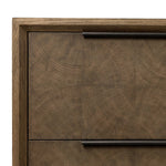 This media console’s simple frame showcases thick brown oak veneer with an oyster cut grid pattern on the door and drawer fronts. Minimalist metal pulls open to ample storage for living space essentials. Rear cutouts for cord management.As lovers of luxe style at Amethyst, we love the designer inspired Salta Media Console - Brown Oak Thick Veneer. Amethyst Home provides interior design, new home construction design consulting, vintage area rugs, and lighting in the Alpharetta metro area.