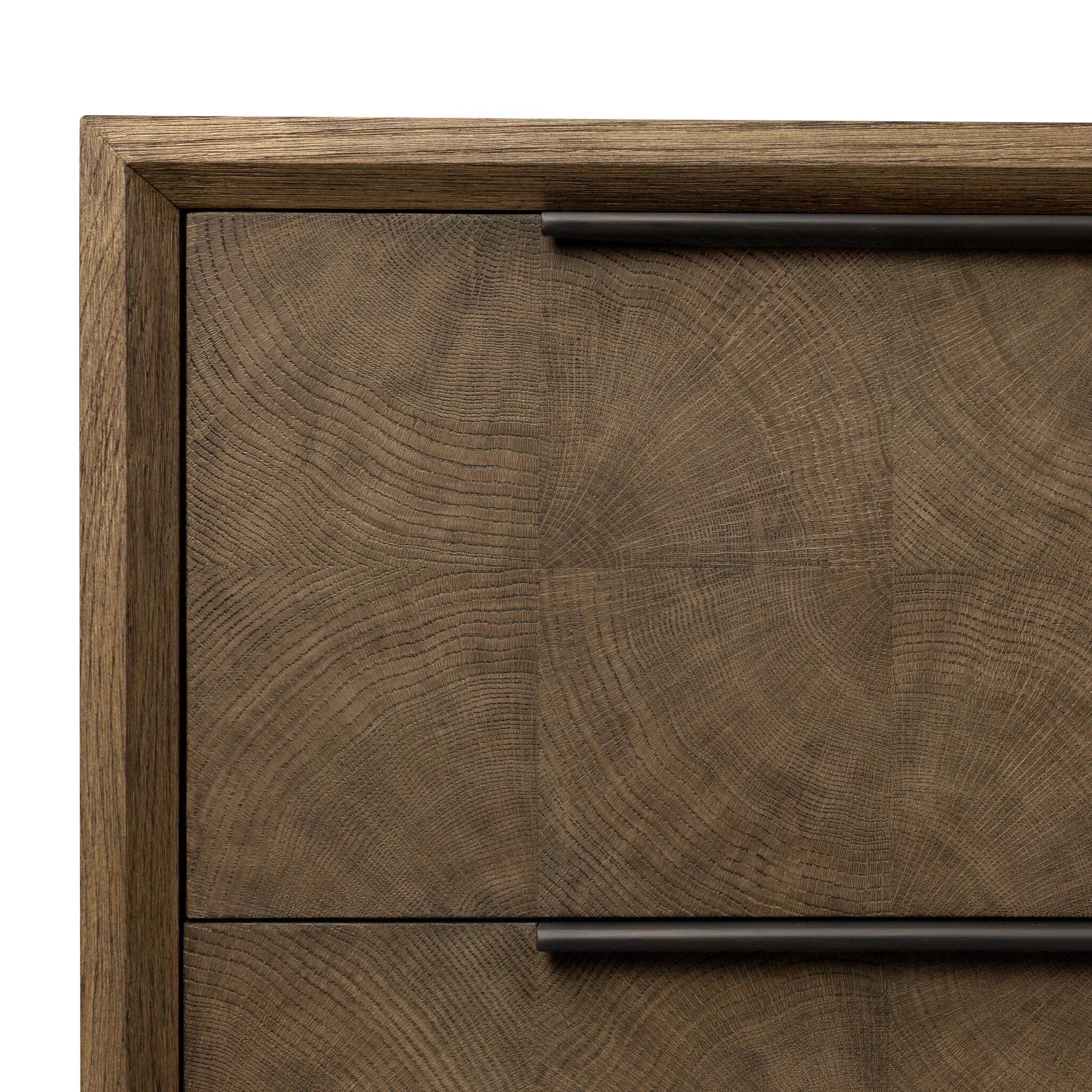 This media console’s simple frame showcases thick brown oak veneer with an oyster cut grid pattern on the door and drawer fronts. Minimalist metal pulls open to ample storage for living space essentials. Rear cutouts for cord management.As lovers of luxe style at Amethyst, we love the designer inspired Salta Media Console - Brown Oak Thick Veneer. Amethyst Home provides interior design, new home construction design consulting, vintage area rugs, and lighting in the Alpharetta metro area.