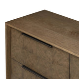This media console’s simple frame showcases thick brown oak veneer with an oyster cut grid pattern on the door and drawer fronts. Minimalist metal pulls open to ample storage for living space essentials. Rear cutouts for cord management.As lovers of luxe style at Amethyst, we love the designer inspired Salta Media Console - Brown Oak Thick Veneer. Amethyst Home provides interior design, new home construction design consulting, vintage area rugs, and lighting in the Nashville metro area.