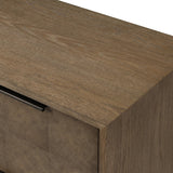 This media console’s simple frame showcases thick brown oak veneer with an oyster cut grid pattern on the door and drawer fronts. Minimalist metal pulls open to ample storage for living space essentials. Rear cutouts for cord management.As lovers of luxe style at Amethyst, we love the designer inspired Salta Media Console - Brown Oak Thick Veneer. Amethyst Home provides interior design, new home construction design consulting, vintage area rugs, and lighting in the Omaha metro area.