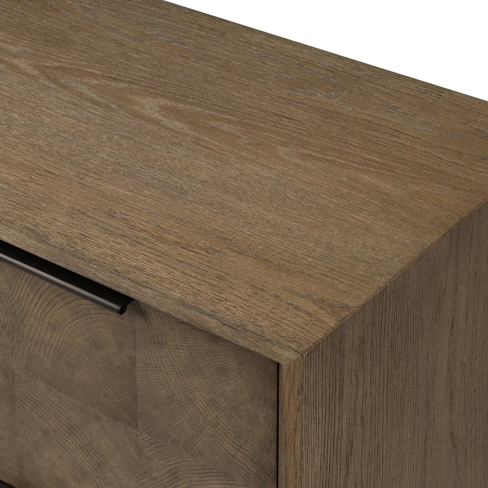 This media console’s simple frame showcases thick brown oak veneer with an oyster cut grid pattern on the door and drawer fronts. Minimalist metal pulls open to ample storage for living space essentials. Rear cutouts for cord management.As lovers of luxe style at Amethyst, we love the designer inspired Salta Media Console - Brown Oak Thick Veneer. Amethyst Home provides interior design, new home construction design consulting, vintage area rugs, and lighting in the Omaha metro area.