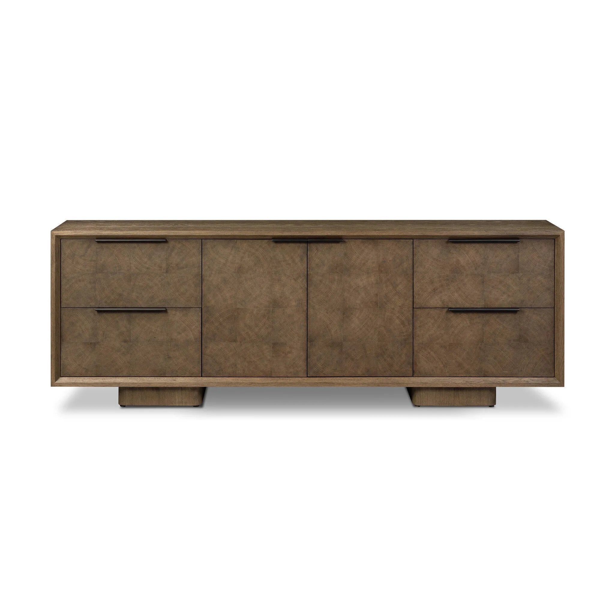 This media console’s simple frame showcases thick brown oak veneer with an oyster cut grid pattern on the door and drawer fronts. Minimalist metal pulls open to ample storage for living space essentials. Rear cutouts for cord management.As lovers of luxe style at Amethyst, we love the designer inspired Salta Media Console - Brown Oak Thick Veneer. Amethyst Home provides interior design, new home construction design consulting, vintage area rugs, and lighting in the Portland metro area.