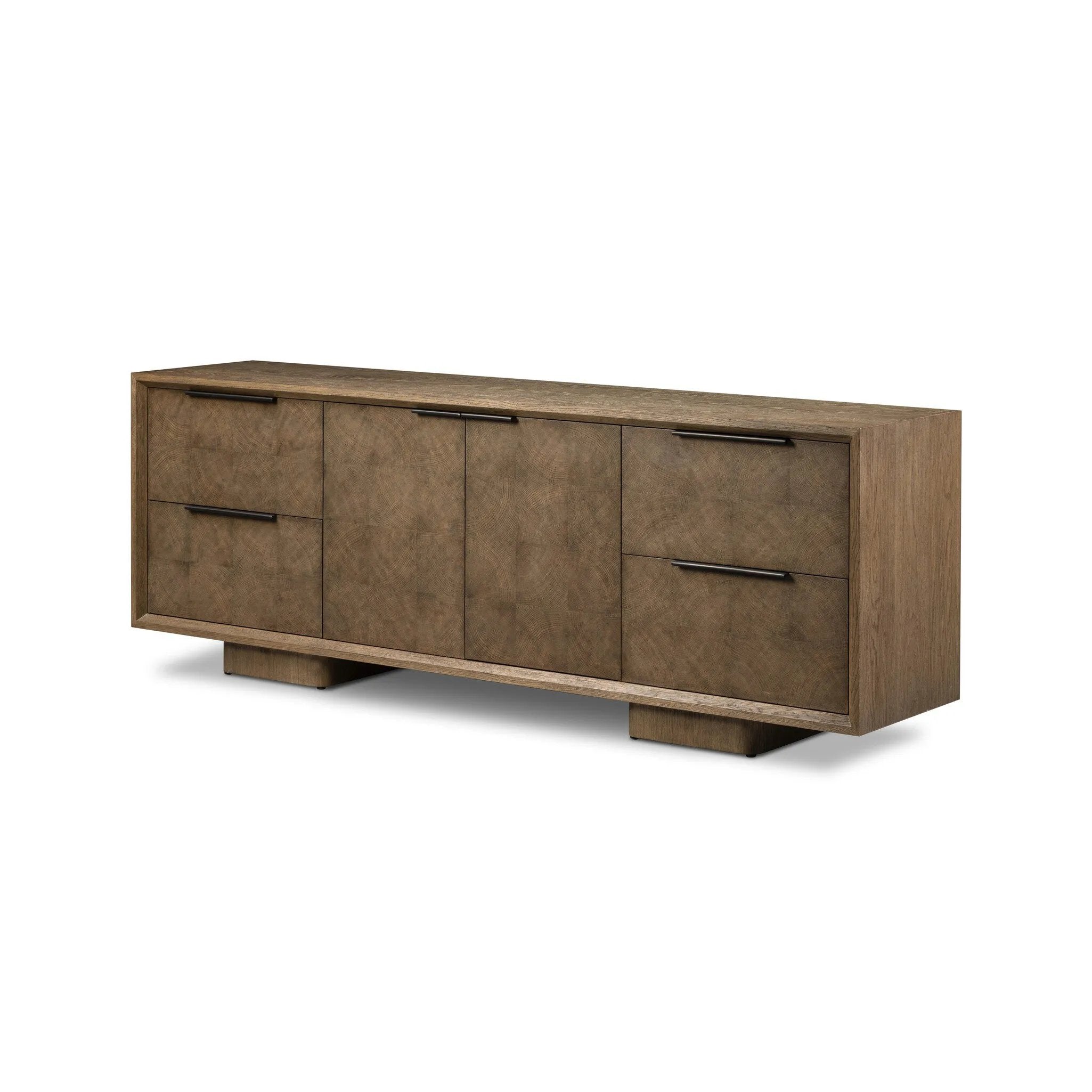 This media console’s simple frame showcases thick brown oak veneer with an oyster cut grid pattern on the door and drawer fronts. Minimalist metal pulls open to ample storage for living space essentials. Rear cutouts for cord management.As lovers of luxe style at Amethyst, we love the designer inspired Salta Media Console - Brown Oak Thick Veneer. Amethyst Home provides interior design, new home construction design consulting, vintage area rugs, and lighting in the Washington metro area.