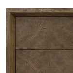 Influenced by contemporary design, this nightstand’s simple frame showcases thick brown oak veneer with a tiled oyster cut pattern on the insert panels. Three drawers with minimalist metal pulls offer ample space for bedside essentials. Amethyst Home provides interior design, new home construction design consulting, vintage area rugs, and lighting in the Austin metro area.