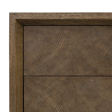 Influenced by contemporary design, this nightstand’s simple frame showcases thick brown oak veneer with a tiled oyster cut pattern on the insert panels. Three drawers with minimalist metal pulls offer ample space for bedside essentials. Amethyst Home provides interior design, new home construction design consulting, vintage area rugs, and lighting in the Austin metro area.