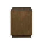 Influenced by contemporary design, this nightstand’s simple frame showcases thick brown oak veneer with a tiled oyster cut pattern on the insert panels. Three drawers with minimalist metal pulls offer ample space for bedside essentials. Amethyst Home provides interior design, new home construction design consulting, vintage area rugs, and lighting in the Boston metro area.