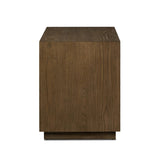 Influenced by contemporary design, this nightstand’s simple frame showcases thick brown oak veneer with a tiled oyster cut pattern on the insert panels. Three drawers with minimalist metal pulls offer ample space for bedside essentials. Amethyst Home provides interior design, new home construction design consulting, vintage area rugs, and lighting in the Boston metro area.