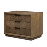 Influenced by contemporary design, this nightstand’s simple frame showcases thick brown oak veneer with a tiled oyster cut pattern on the insert panels. Three drawers with minimalist metal pulls offer ample space for bedside essentials. Amethyst Home provides interior design, new home construction design consulting, vintage area rugs, and lighting in the Omaha metro area.
