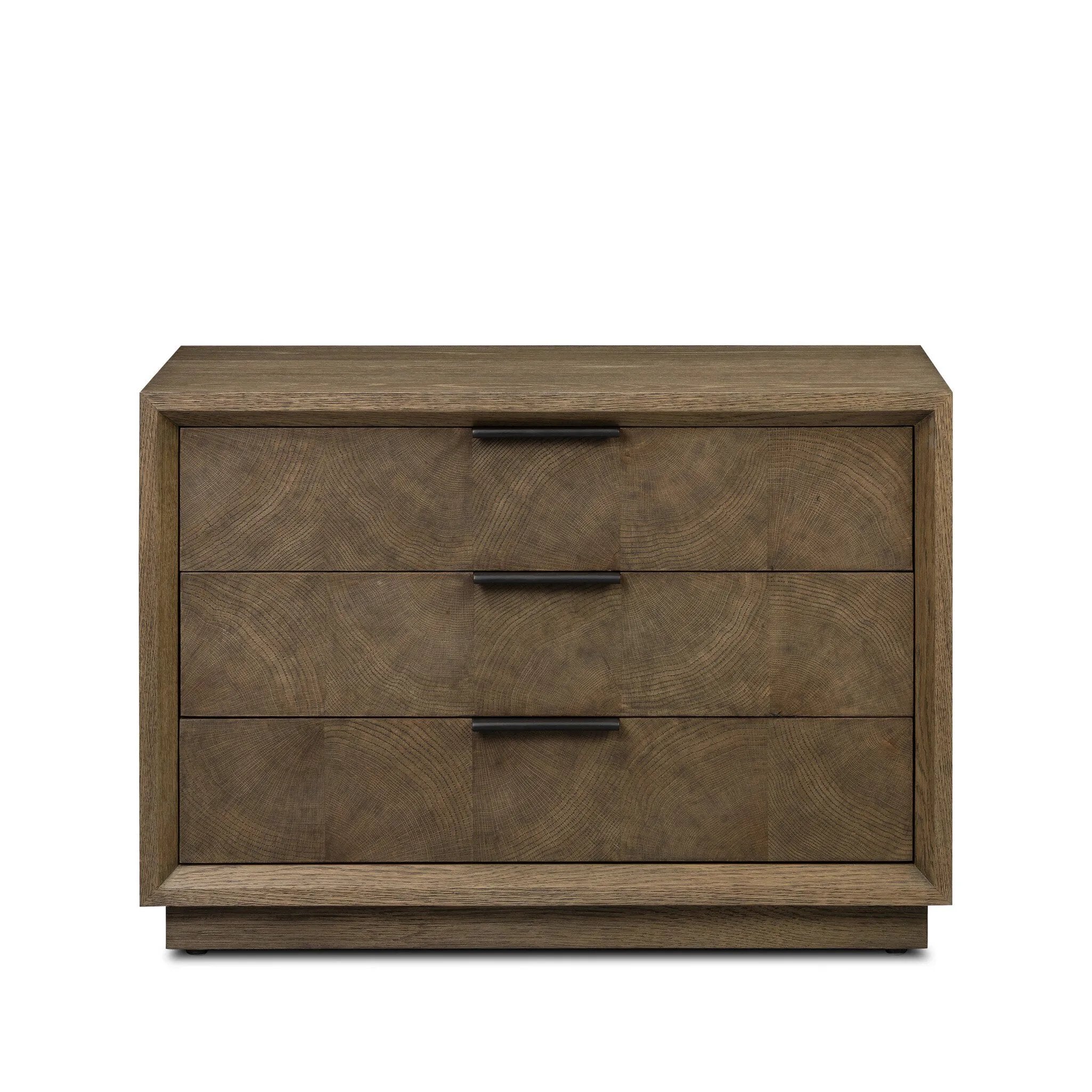 Influenced by contemporary design, this nightstand’s simple frame showcases thick brown oak veneer with a tiled oyster cut pattern on the insert panels. Three drawers with minimalist metal pulls offer ample space for bedside essentials. Amethyst Home provides interior design, new home construction design consulting, vintage area rugs, and lighting in the Scottsdale metro area.