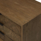 Influenced by contemporary design, this nightstand’s simple frame showcases thick brown oak veneer with a tiled oyster cut pattern on the insert panels. Three drawers with minimalist metal pulls offer ample space for bedside essentials. Amethyst Home provides interior design, new home construction design consulting, vintage area rugs, and lighting in the Seattle metro area.