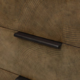 Influenced by contemporary design, this nightstand’s simple frame showcases thick brown oak veneer with a tiled oyster cut pattern on the insert panels. Three drawers with minimalist metal pulls offer ample space for bedside essentials. Amethyst Home provides interior design, new home construction design consulting, vintage area rugs, and lighting in the Tampa metro area.