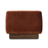 Velvety upholstery in a deep auburn hue covers clean-angled, deeply cushioned seating with a 360-degree swivel base for relaxed lounging and conversation Amethyst Home provides interior design, new home construction design consulting, vintage area rugs, and lighting in the Los Angeles metro area.
