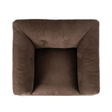 Inspired by 1970s brutalism, this urban swivel chair balances a rounded solid wood plinth with a curved seat deck and a relaxed, "wrinkled" upholstery design. Feather-blend cushions wrap the frame, finished with dramatic blind tufting for a hand-crafted, textural edge. Amethyst Home provides interior design, new home construction design consulting, vintage area rugs, and lighting in the Austin metro area.