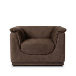 Inspired by 1970s brutalism, this urban swivel chair balances a rounded solid wood plinth with a curved seat deck and a relaxed, "wrinkled" upholstery design. Feather-blend cushions wrap the frame, finished with dramatic blind tufting for a hand-crafted, textural edge. Amethyst Home provides interior design, new home construction design consulting, vintage area rugs, and lighting in the Omaha metro area.