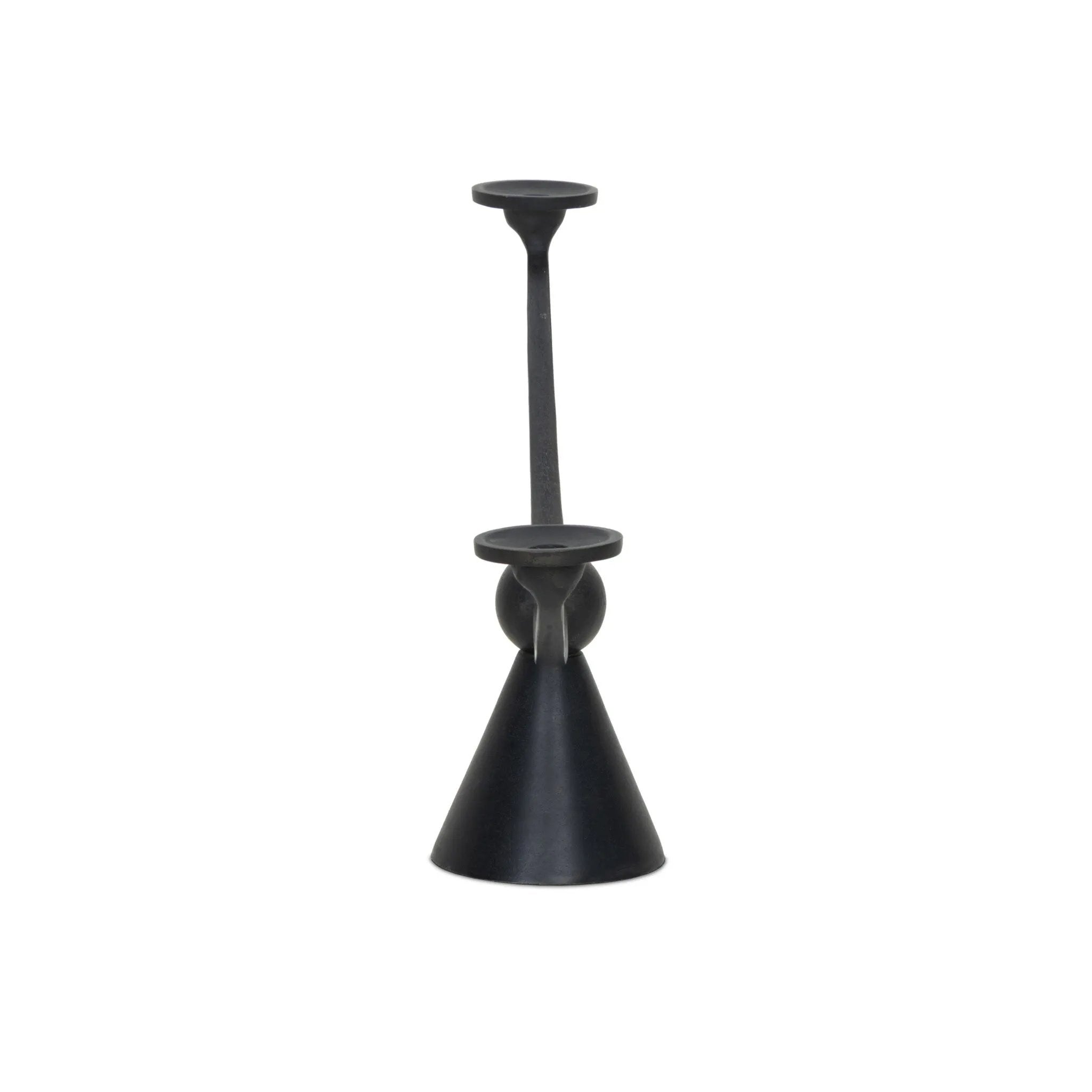 Cast aluminum shapes a statement-sized candle holder, with an asymmetrical format and swooping arms across a ball finial detail in the center. The balance of molded, cast shapes meets the refined geometric look of the tapered base. Use with tapered candles only Amethyst Home provides interior design, new home construction design consulting, vintage area rugs, and lighting in the Calabasas metro area.