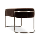 Modern vibes, playful shaping. Velvety, cocoa-colored performance fabric pairs with a silver-finished stainless steel frame. Performance fabrics are specially created to withstand spills, stains, high traffic and wear, ensuring long-term comfort and unmatched durability. Amethyst Home provides interior design, new home construction design consulting, vintage area rugs, and lighting in the Los Angeles metro area.