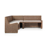 Antique-inspired coastal style. Rattan introduces varying natural shades and texture to this dining bench, and the frame's soft lines and fabric cushion invite a comfortable sit. Option to style alone or pair with other pieces in the collection. A design collaboration by Amber Lewis and Four Hands. Amethyst Home provides interior design, new home construction design consulting, vintage area rugs, and lighting in the Houston metro area.