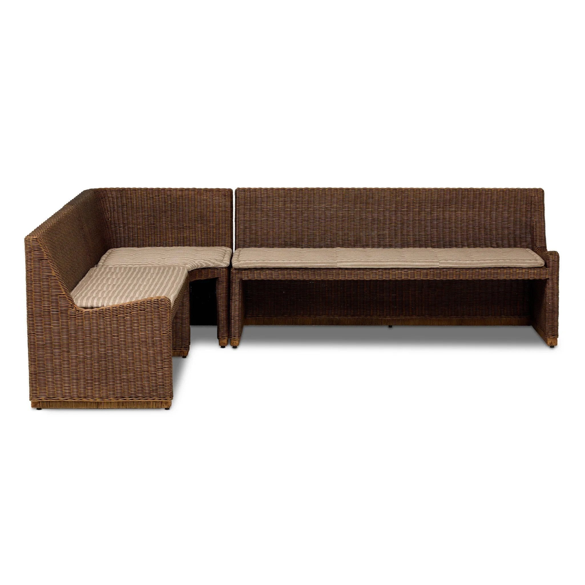 Antique-inspired coastal style. Rattan introduces varying natural shades and texture to this dining bench, and the frame's soft lines and beige and white striped fabric cushion invite a comfortable sit. Option to style alone or pair with other pieces in the collection. A design collaboration by Amber Lewis and Four Hands. Amethyst Home provides interior design, new home construction design consulting, vintage area rugs, and lighting in the Winter Garden metro area.
