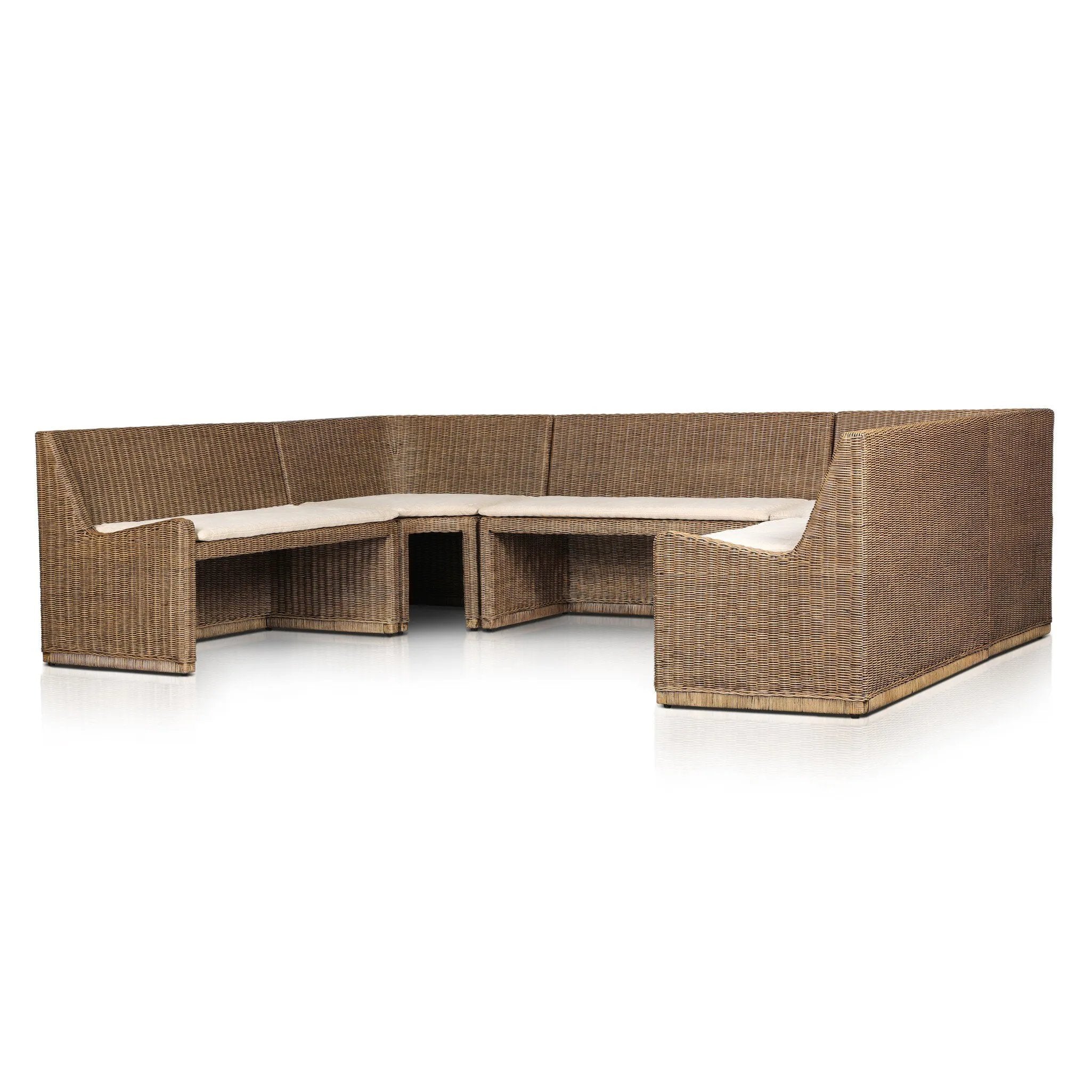 Antique-inspired coastal style. Rattan introduces varying natural shades and texture to this dining bench, and the frame's soft lines and fabric cushion invite a comfortable sit. Option to style alone or pair with other pieces in the collection. A design collaboration by Amber Lewis and Four Hands. Amethyst Home provides interior design, new home construction design consulting, vintage area rugs, and lighting in the Winter Garden metro area.