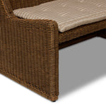 Antique-inspired coastal style. Rattan introduces varying natural shades and texture to this dining bench, and the frame's soft lines and beige and white striped fabric cushion invite a comfortable sit. Option to style alone or pair with other pieces in the collection. A design collaboration by Amber Lewis and Four Hands. Amethyst Home provides interior design, new home construction design consulting, vintage area rugs, and lighting in the Salt Lake City metro area.