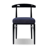 Echoing lacquered seating from another era, this glossy dining chair features mahogany construction, a timeless back, and royal blue upholstery Amethyst Home provides interior design, new home construction design consulting, vintage area rugs, and lighting in the Alpharetta metro area.