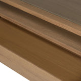 Bring bonus storage and a light look to the living space. Made from sandy oak and clear tempered glass with two roomy drawers on either side of the base, plus shelving beneath the glass that doubles as a shadowbox or an extra display surface.As lovers of luxe design at Amethyst, we love the warm modern inspired Shiloh Coffee Table - Tempered Glass. Amethyst Home provides interior design, new home construction design consulting, vintage area rugs, and lighting in the Los Angeles metro area.