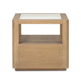 Bring bonus storage and a light look to the living space. Made from sandy oak and clear tempered glass with a single drawer, shelving beneath the glass doubles as a shadowbox or an extra display surface.As lovers of clean materials at Amethyst, we love the designer inspired Shiloh End Table - Tempered Glass. Amethyst Home provides interior design, new home construction design consulting, vintage area rugs, and lighting in the Winter Garden metro area.