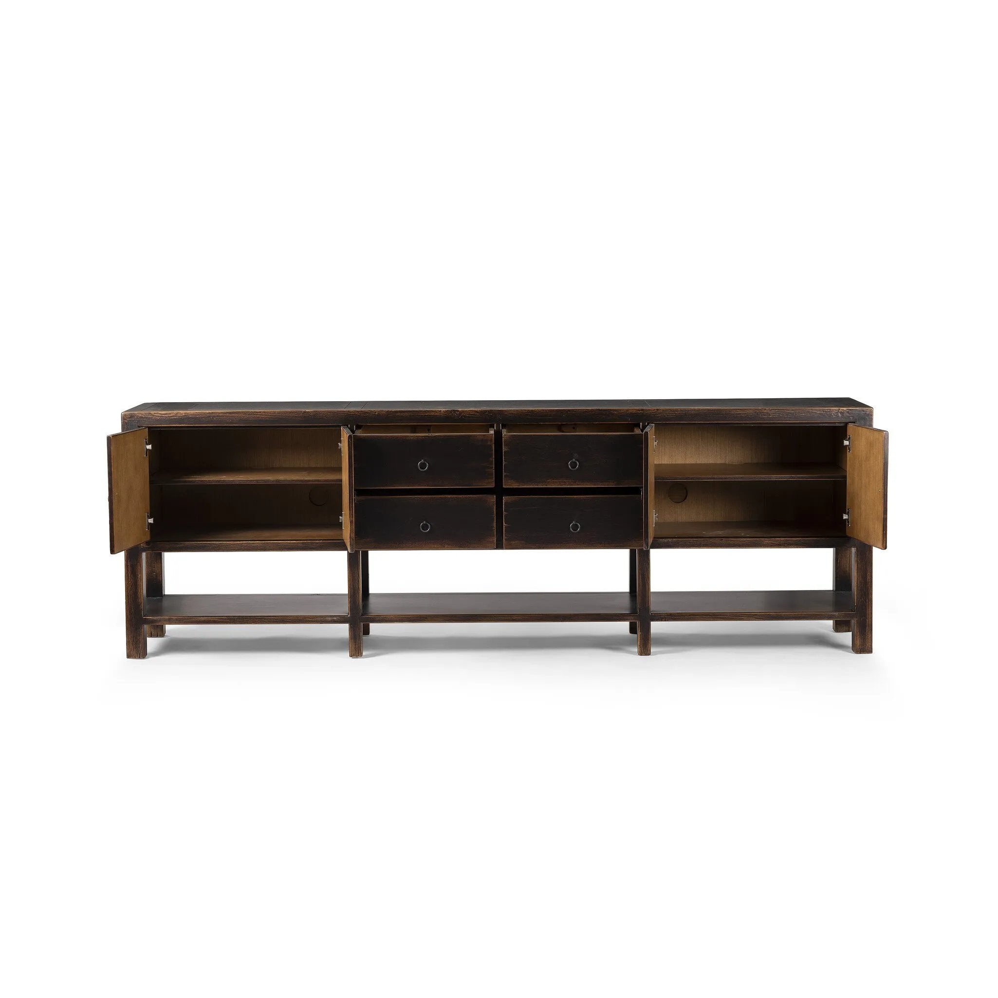 Featuring Shizuko Distressed Walnut Sideboard by Four Hands at Amethyst Home. This Shizuko Distressed Walnut Sideboard is perfect for adding extra storage and style to your dining or living room. With its unique distressed walnut finish, it will add a touch of elegance to any space. Its spacious interior and sturdy build make it a functional and durable cho. Amethyst Home provides interior design, new home construction design consulting, vintage area rugs, and lighting in the Calabasas metro area.