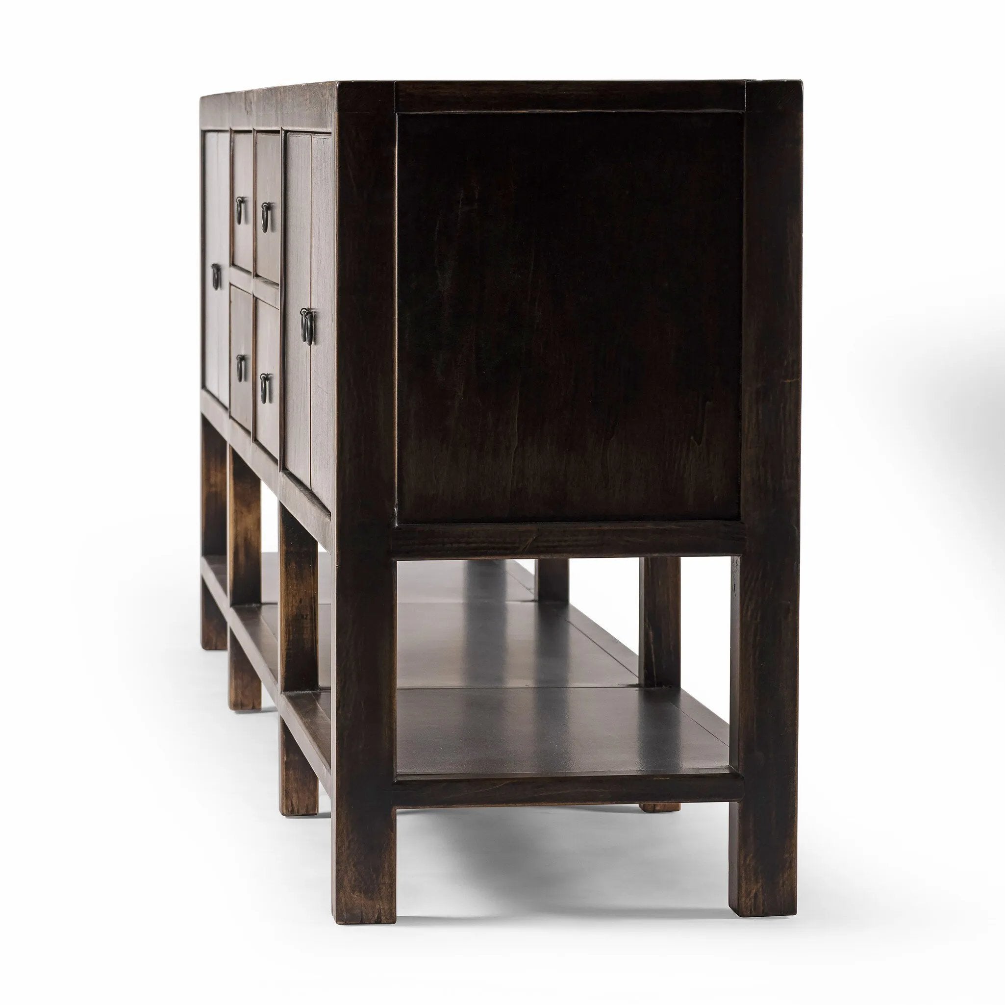 Featuring Shizuko Distressed Walnut Sideboard by Four Hands at Amethyst Home. This Shizuko Distressed Walnut Sideboard is perfect for adding extra storage and style to your dining or living room. With its unique distressed walnut finish, it will add a touch of elegance to any space. Its spacious interior and sturdy build make it a functional and durable cho. Amethyst Home provides interior design, new home construction design consulting, vintage area rugs, and lighting in the Charlotte metro area.