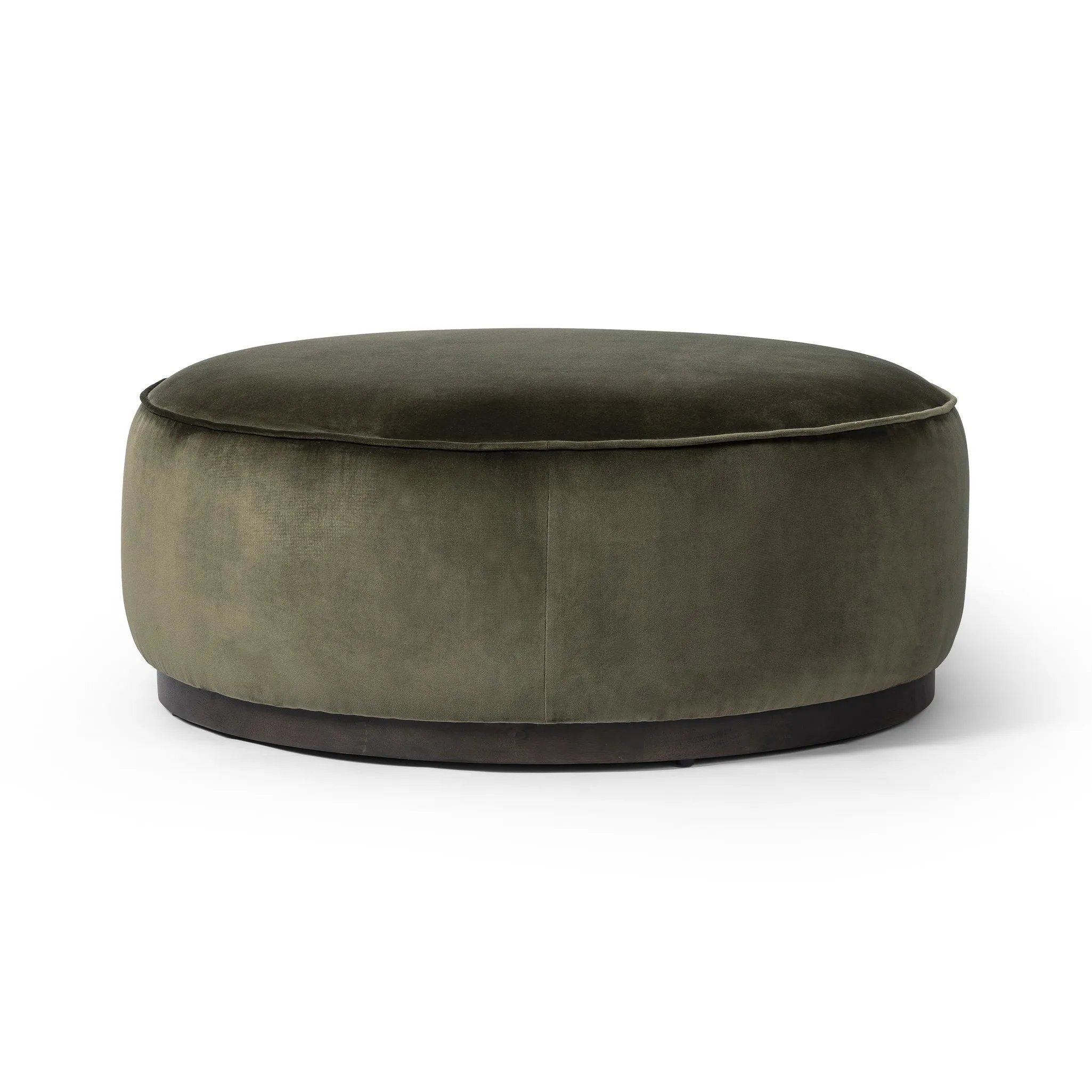 Featuring Sinclair Surrey Olive Large Round Ottoman by Four Hands at Amethyst Home. Upholstered in a deep olive velvet and paired with a  rich brown base, this wide, round ottoman can be placed just about anywhere – bringing with it a luxe vibe. Style with a tray as a design-forward coffee table.Overall Dimensions: 36.00"w x 36.00"d x 14.50"hWeight : 26.46 . Amethyst Home provides interior design, new home construction design consulting, vintage area rugs, and lighting in the Charlotte metro area.