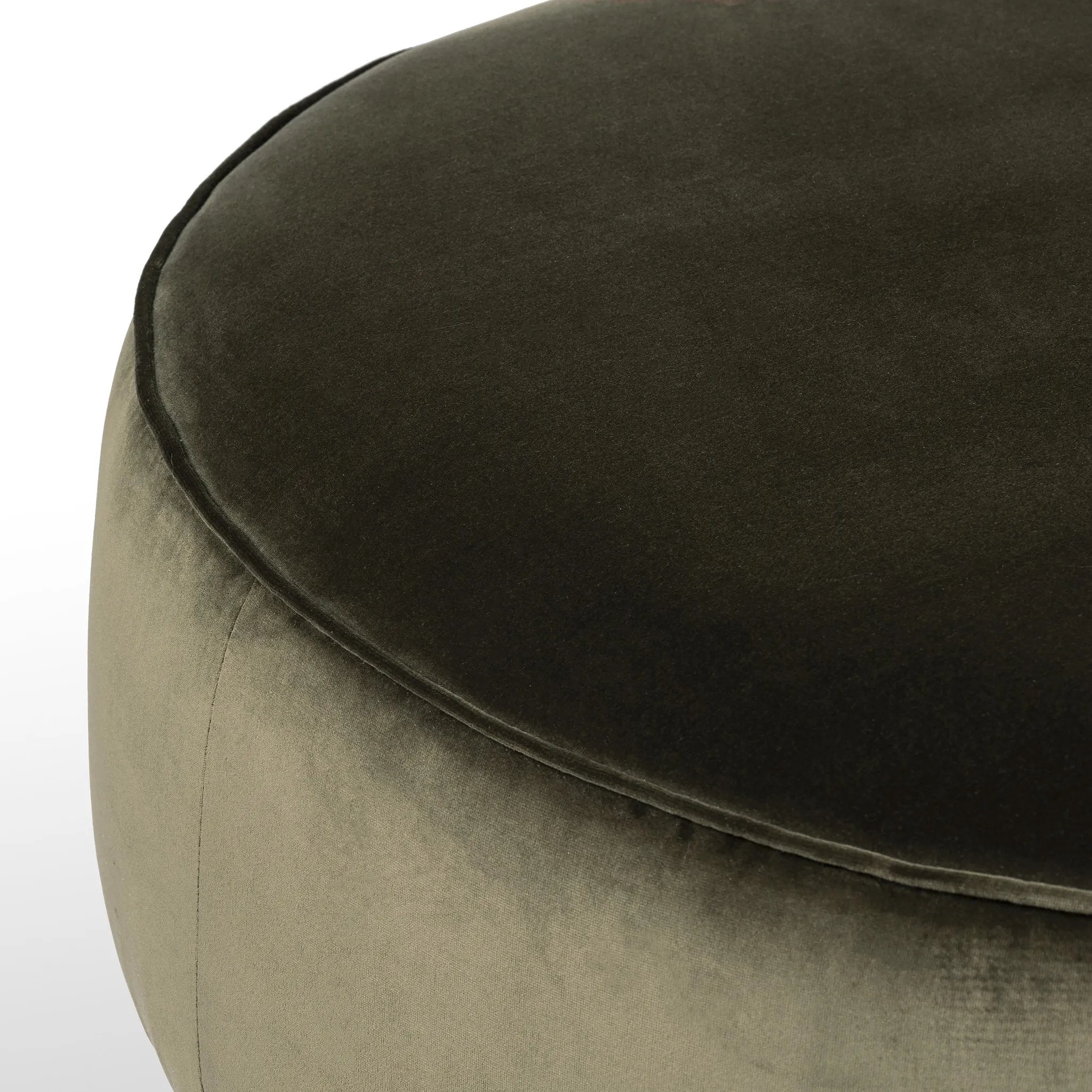 Featuring Sinclair Surrey Olive Large Round Ottoman by Four Hands at Amethyst Home. Upholstered in a deep olive velvet and paired with a  rich brown base, this wide, round ottoman can be placed just about anywhere – bringing with it a luxe vibe. Style with a tray as a design-forward coffee table.Overall Dimensions: 36.00"w x 36.00"d x 14.50"hWeight : 26.46 l. Amethyst Home provides interior design, new home construction design consulting, vintage area rugs, and lighting in the Portland metro area.