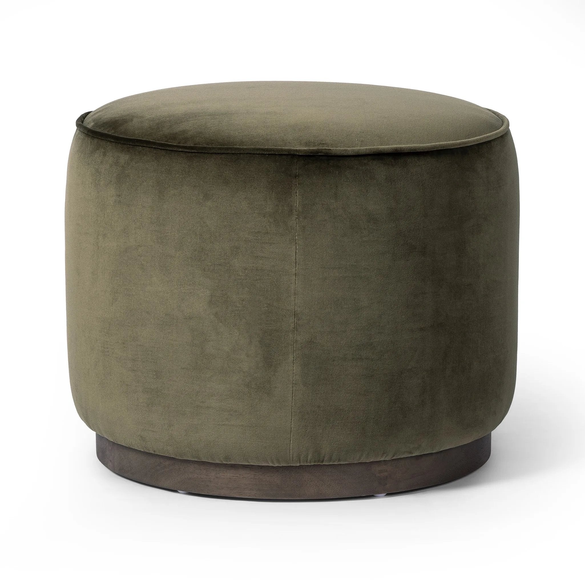 Upholstered in a deep olive velvet and paired with a rich brown base, this rounded ottoman can be placed just about anywhere. Light, versatile color can move between spaces and style with ease Amethyst Home provides interior design, new home construction design consulting, vintage area rugs, and lighting in the Scottsdale metro area.