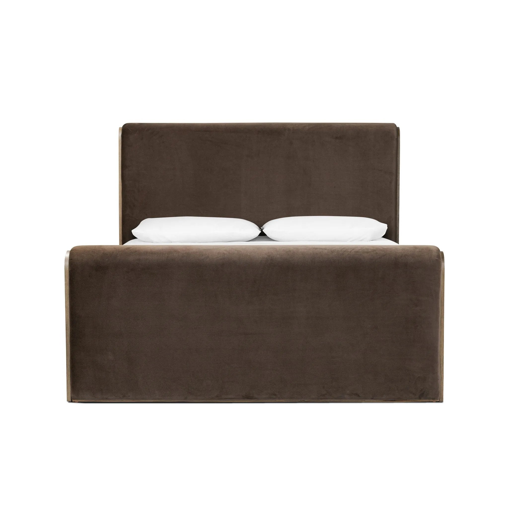 Upholstered in a rich, chocolate-brown velvet, bringing a textured feel and luxe look to the bedroom. Steam on occasion to smooth tracking Amethyst Home provides interior design, new home construction design consulting, vintage area rugs, and lighting in the Scottsdale metro area.