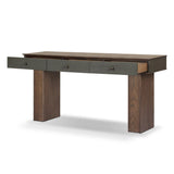 Warm, timeless woods pair with painted linen drawers fronts lacquered in a dark green, for a updated bohemian look. Complete with three drawers for media needs and more.As enthusiasts of modern style at Amethyst, we love the optimistic inspired Soloman Console Table - Stained Saddle Brown Sungkai Veneer. Amethyst Home provides interior design, new home construction design consulting, vintage area rugs, and lighting in the Los Angeles metro area.