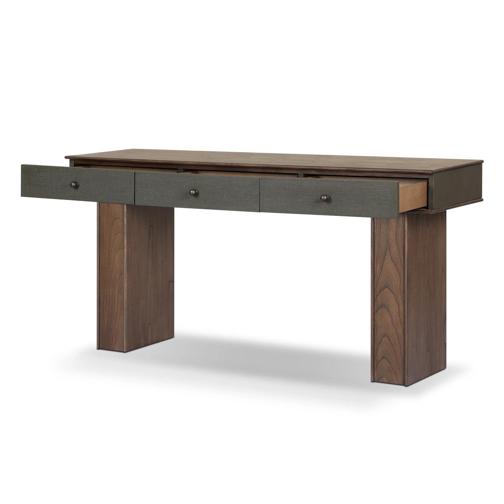 Warm, timeless woods pair with painted linen drawers fronts lacquered in a dark green, for a updated bohemian look. Complete with three drawers for media needs and more.As enthusiasts of modern style at Amethyst, we love the optimistic inspired Soloman Console Table - Stained Saddle Brown Sungkai Veneer. Amethyst Home provides interior design, new home construction design consulting, vintage area rugs, and lighting in the Los Angeles metro area.