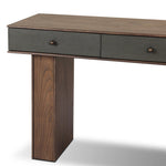 Warm, timeless woods pair with painted linen drawers fronts lacquered in a dark green, for a updated bohemian look. Complete with three drawers for media needs and more.As enthusiasts of modern style at Amethyst, we love the optimistic inspired Soloman Console Table - Stained Saddle Brown Sungkai Veneer. Amethyst Home provides interior design, new home construction design consulting, vintage area rugs, and lighting in the Monterey metro area.