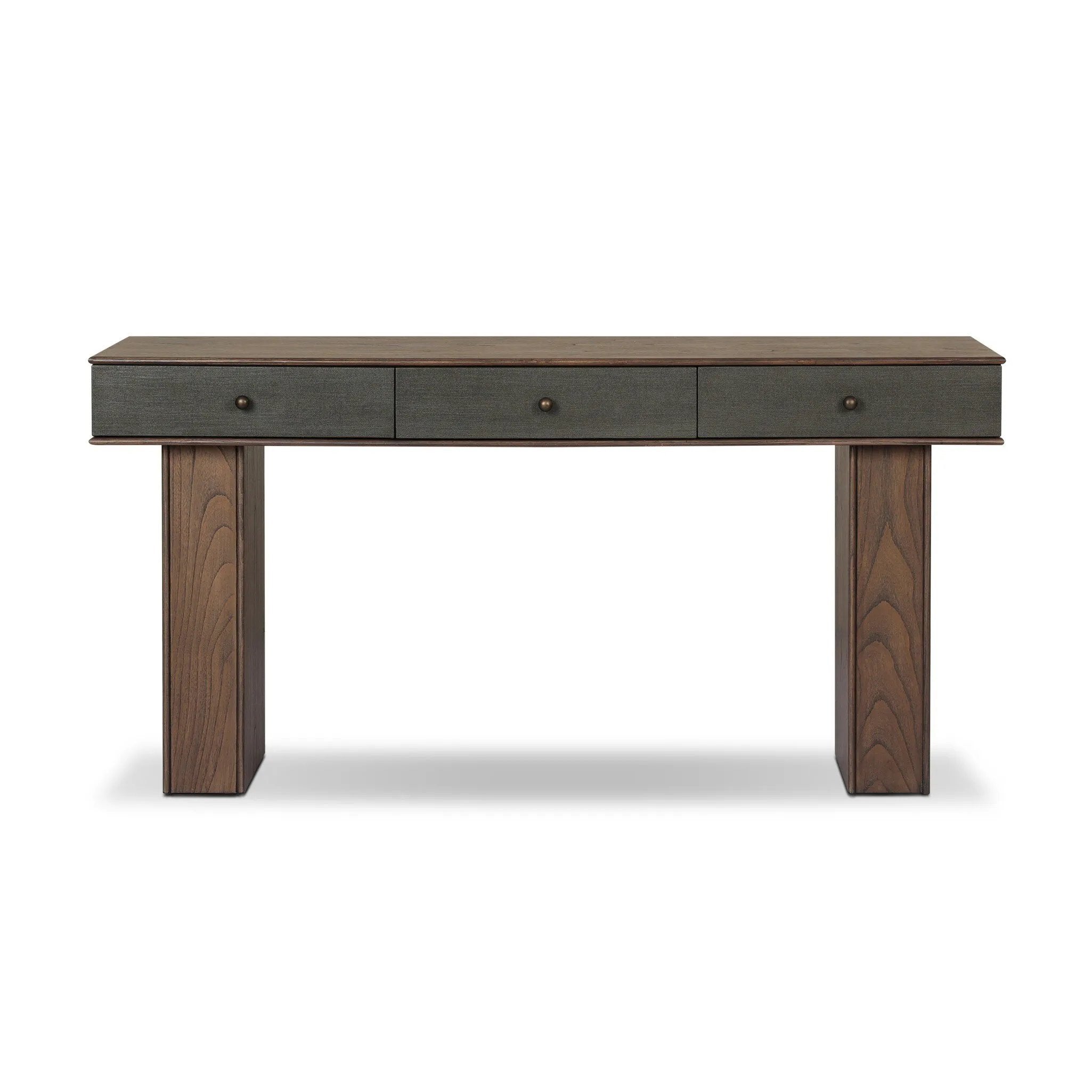 Warm, timeless woods pair with painted linen drawers fronts lacquered in a dark green, for a updated bohemian look. Complete with three drawers for media needs and more.As enthusiasts of modern style at Amethyst, we love the optimistic inspired Soloman Console Table - Stained Saddle Brown Sungkai Veneer. Amethyst Home provides interior design, new home construction design consulting, vintage area rugs, and lighting in the Salt Lake City metro area.