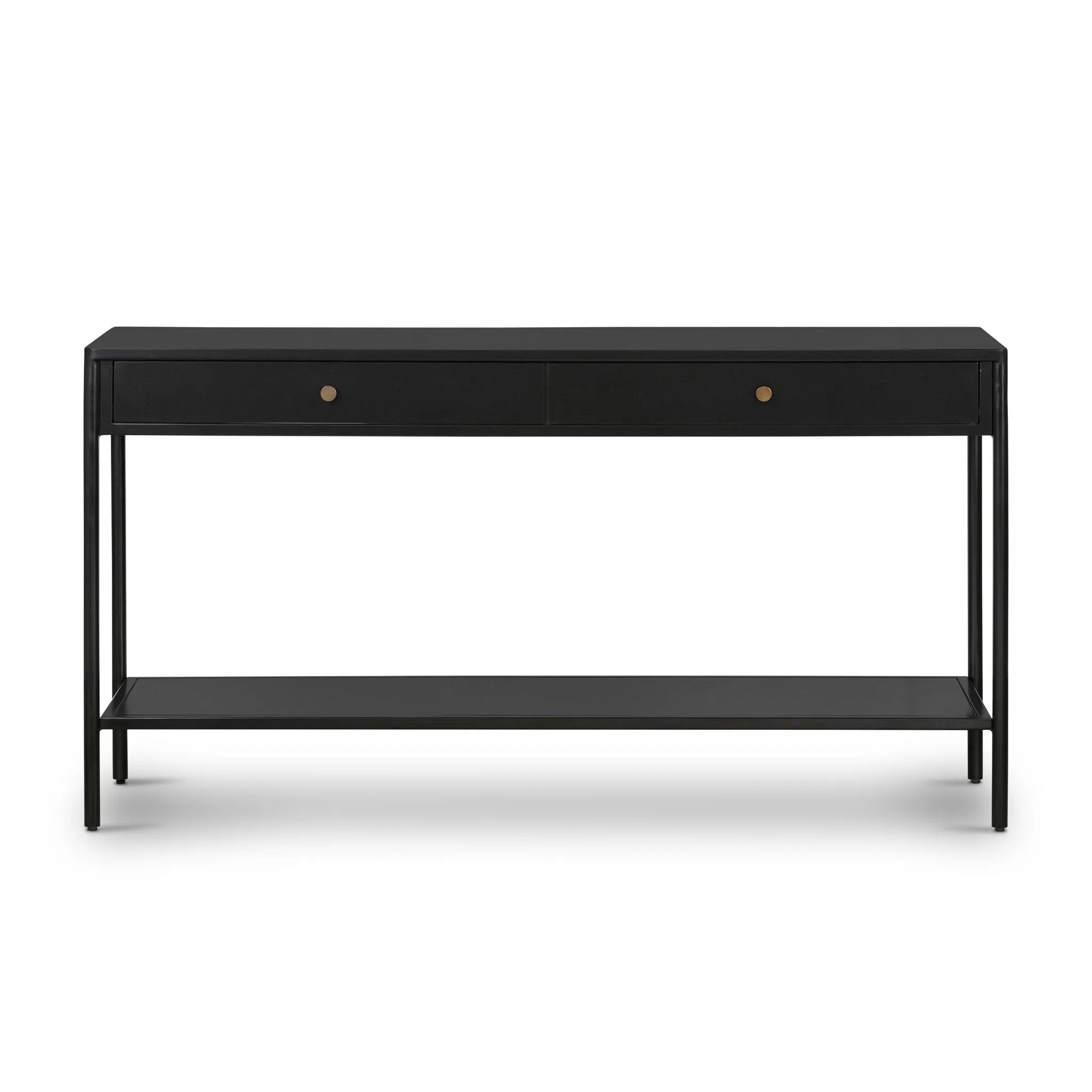 Bring a softened industrial look to the media room, dining space or entryway with a simple black-finished iron console table featuring bronzed iron hardware for modernity. Dual drawers and lower shelving add bonus storage space Amethyst Home provides interior design, new home construction design consulting, vintage area rugs, and lighting in the Austin metro area.
