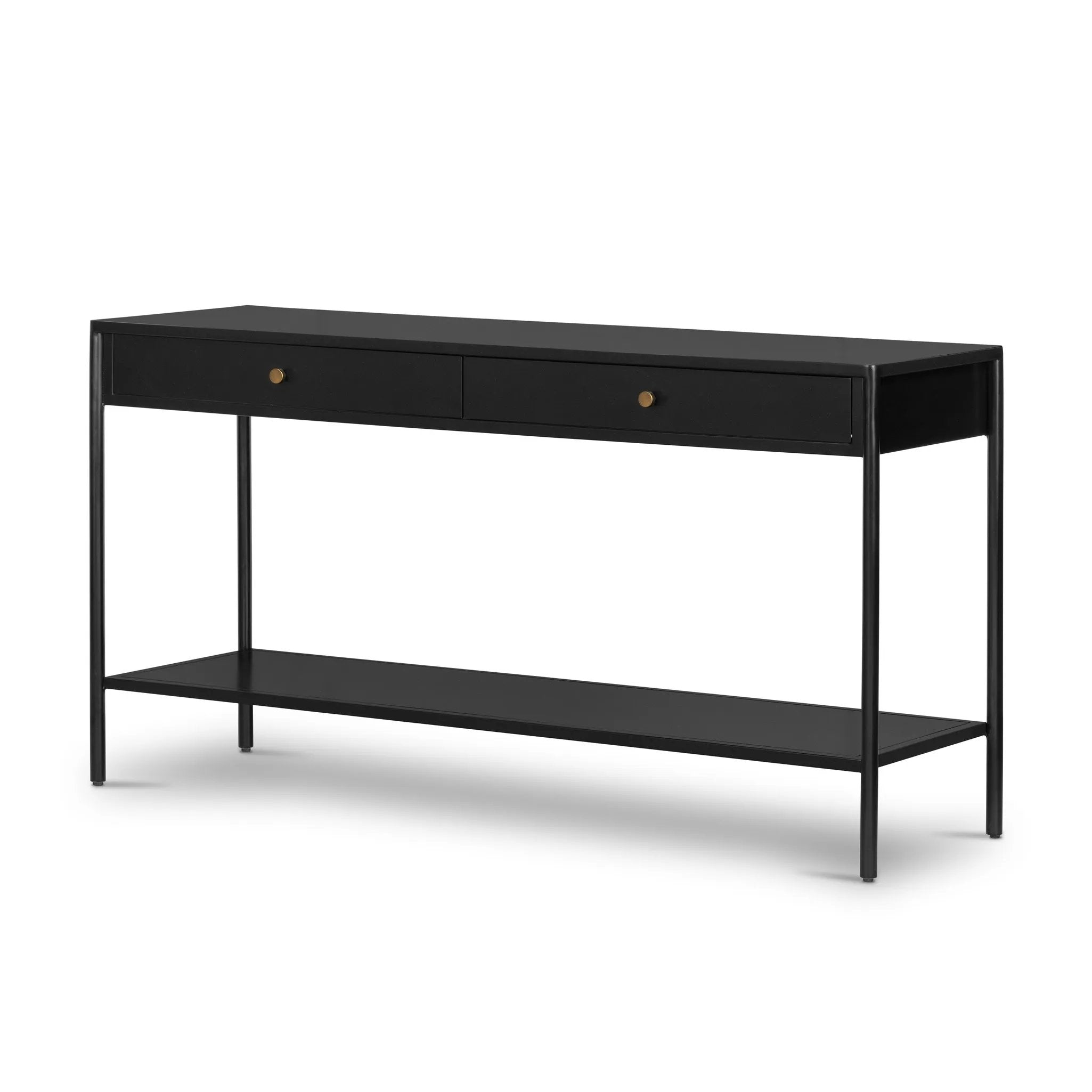 Bring a softened industrial look to the media room, dining space or entryway with a simple black-finished iron console table featuring bronzed iron hardware for modernity. Dual drawers and lower shelving add bonus storage space Amethyst Home provides interior design, new home construction design consulting, vintage area rugs, and lighting in the Miami metro area.