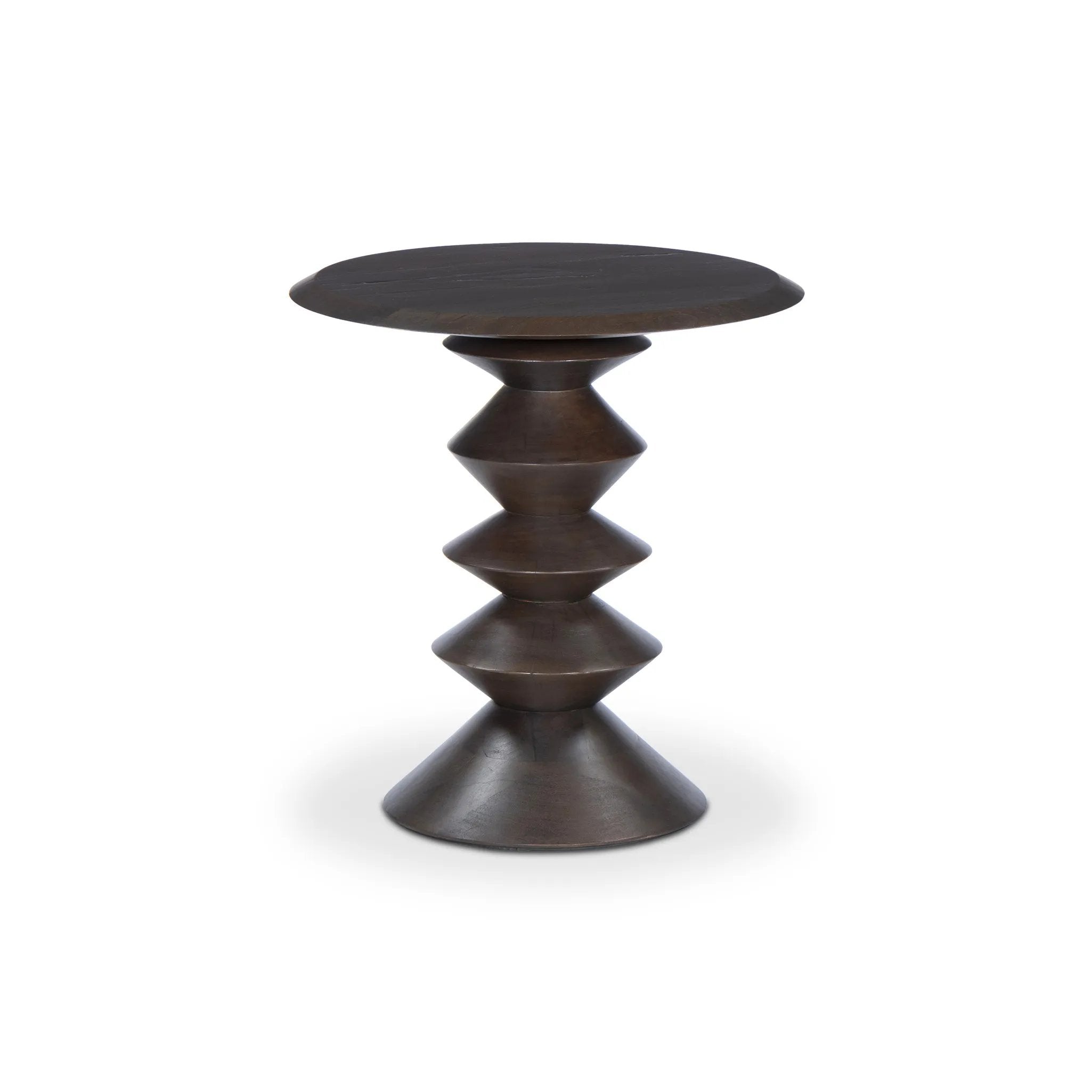 Featuring Stacked Reclaimed Russet End Table by Four Hands at Amethyst Home. Inspired by Romanian sculptor and painter Brâncuși, this side table of mixed reclaimed woods doubles as art with its sculptural lathe base.Overall Dimensions: 22.00"w x 22.00"d x 23.25"hWeight : 43.21 lbsMaterials: Solid Mixed Reclaimed Wood. Amethyst Home provides interior design, new home construction design consulting, vintage area rugs, and lighting in the Boston metro area.