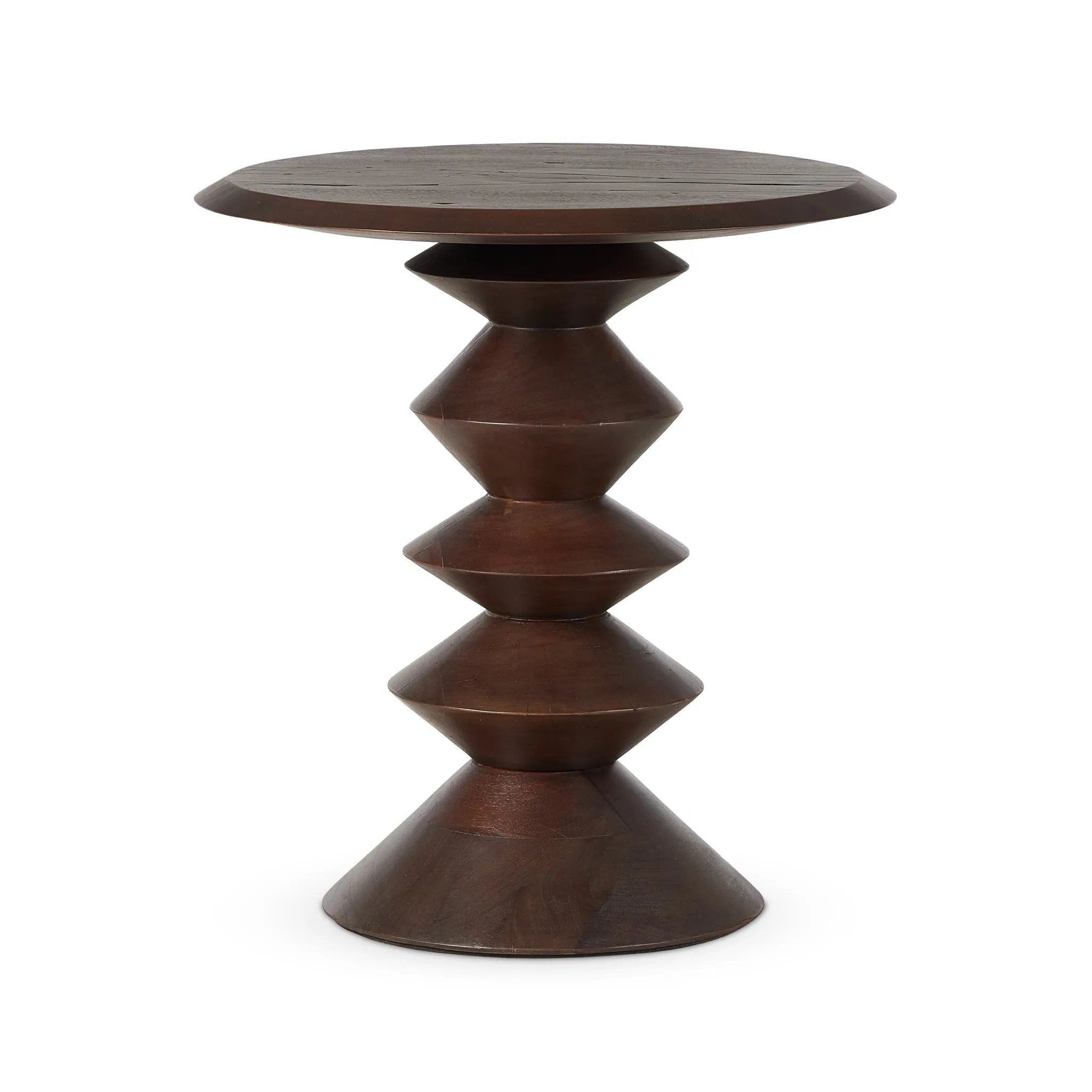 Featuring Stacked Reclaimed Russet End Table by Four Hands at Amethyst Home. Inspired by Romanian sculptor and painter Brâncuși, this side table of mixed reclaimed woods doubles as art with its sculptural lathe base.Overall Dimensions: 22.00"w x 22.00"d x 23.25"hWeight : 43.21 lbsMaterials: Solid Mixed Reclaimed Wood. Amethyst Home provides interior design, new home construction design consulting, vintage area rugs, and lighting in the Los Angeles metro area.