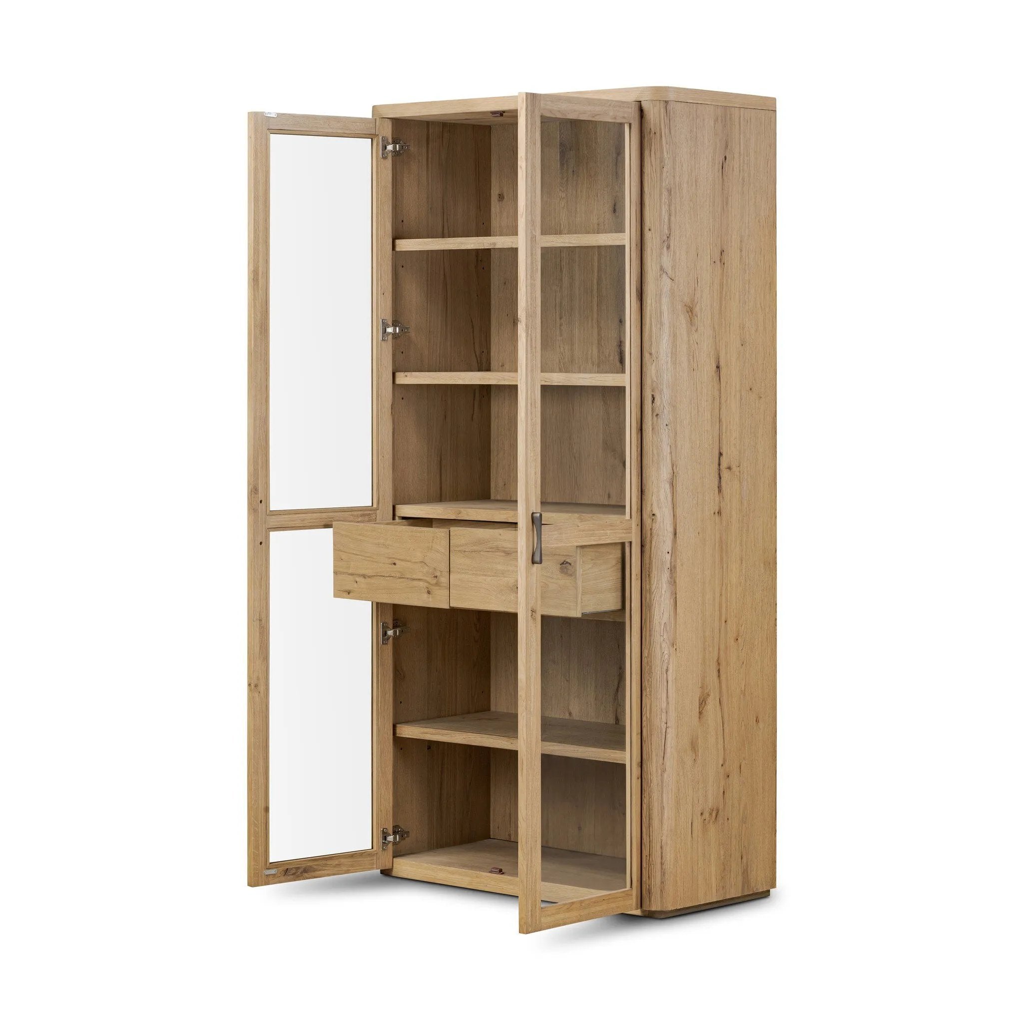 Display solo or create classic cabinetry with side-by-side multiples. This smoked oak cabinet has two drawers and multiple shelves, making a welcoming combination of open and closed storage Amethyst Home provides interior design, new home construction design consulting, vintage area rugs, and lighting in the Laguna Beach metro area.
