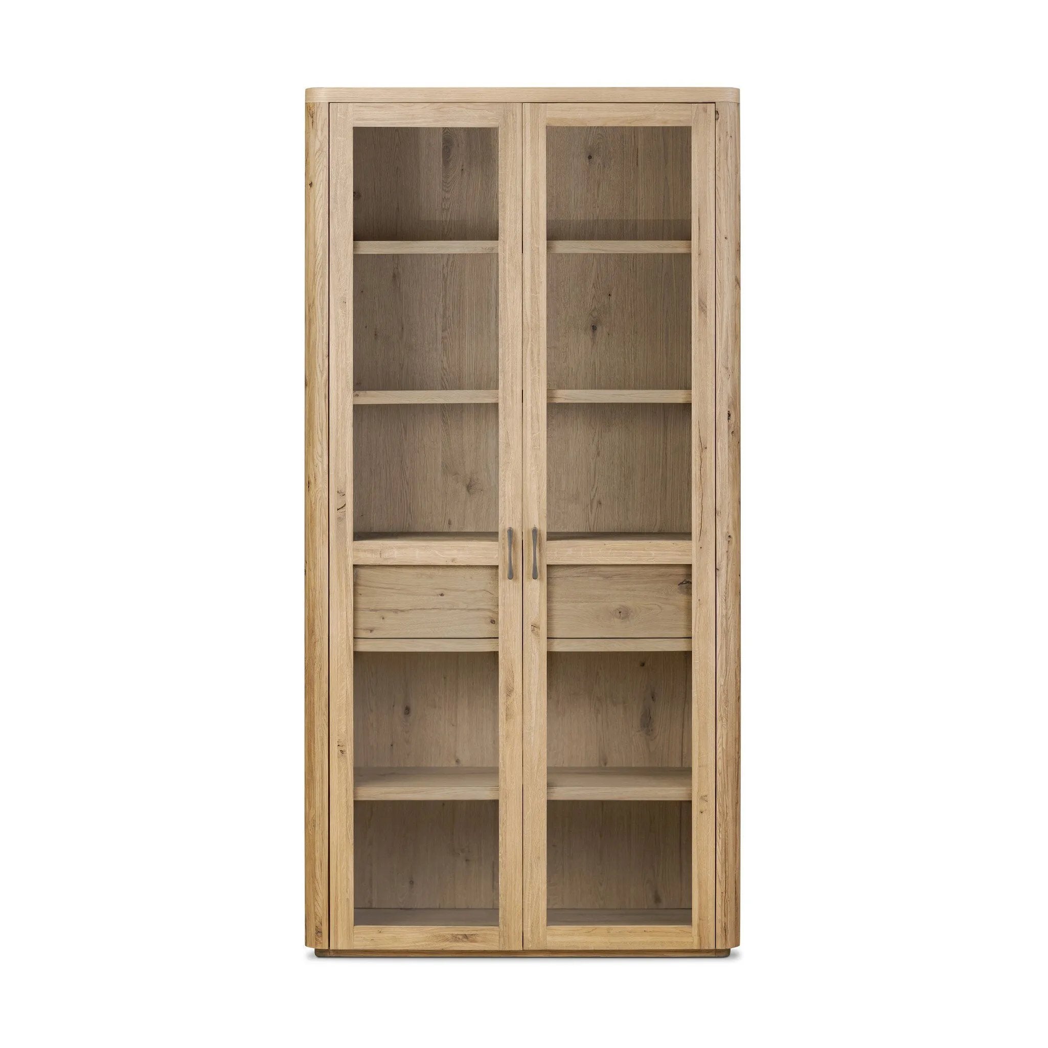 Display solo or create classic cabinetry with side-by-side multiples. This smoked oak cabinet has two drawers and multiple shelves, making a welcoming combination of open and closed storage Amethyst Home provides interior design, new home construction design consulting, vintage area rugs, and lighting in the Park City metro area.