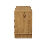 Bring a Nordic, material-driven look to your bedroom with a six-drawer dresser of grain-rich oak and drawer fronts covered with tan top-grain leather. Finished out with long, linear iron hardware Amethyst Home provides interior design, new home construction design consulting, vintage area rugs, and lighting in the Calabasas metro area.