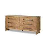 Bring a Nordic, material-driven look to your bedroom with a six-drawer dresser of grain-rich oak and drawer fronts covered with tan top-grain leather. Finished out with long, linear iron hardware Amethyst Home provides interior design, new home construction design consulting, vintage area rugs, and lighting in the Miami metro area.